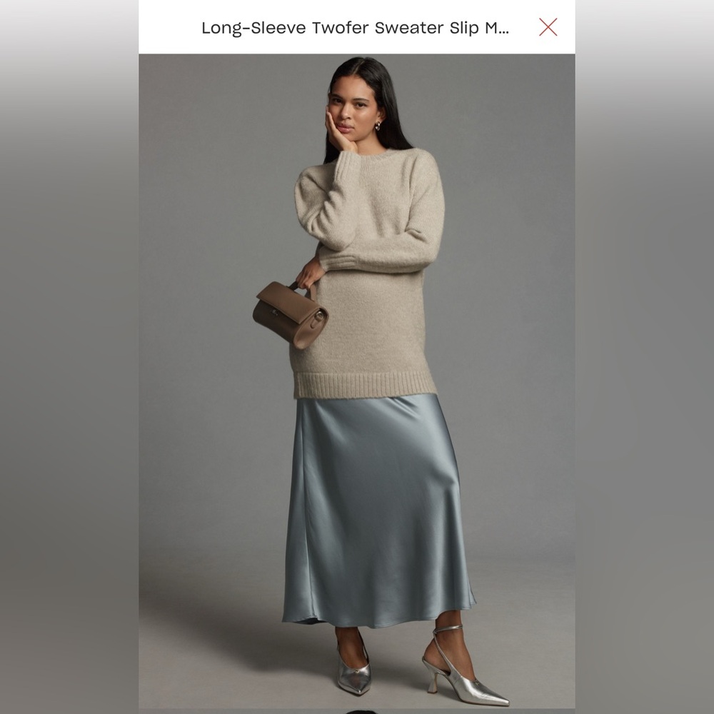 Beige Long-Sleeve Sweater Dress with Silver Slip Skirt